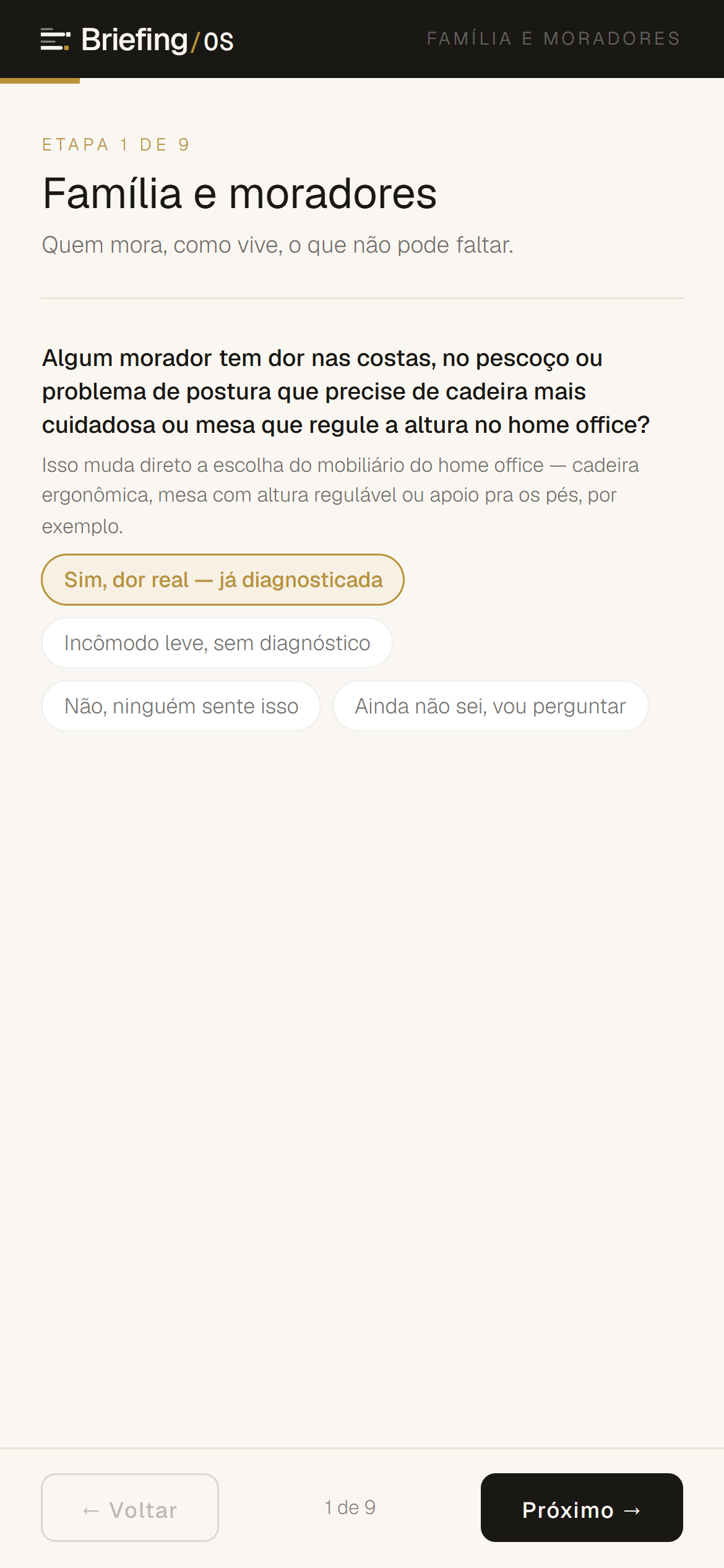 Tela do questionário no celular com pergunta de camada 03: postura/ergonomia, hint explicativo e chips de resposta