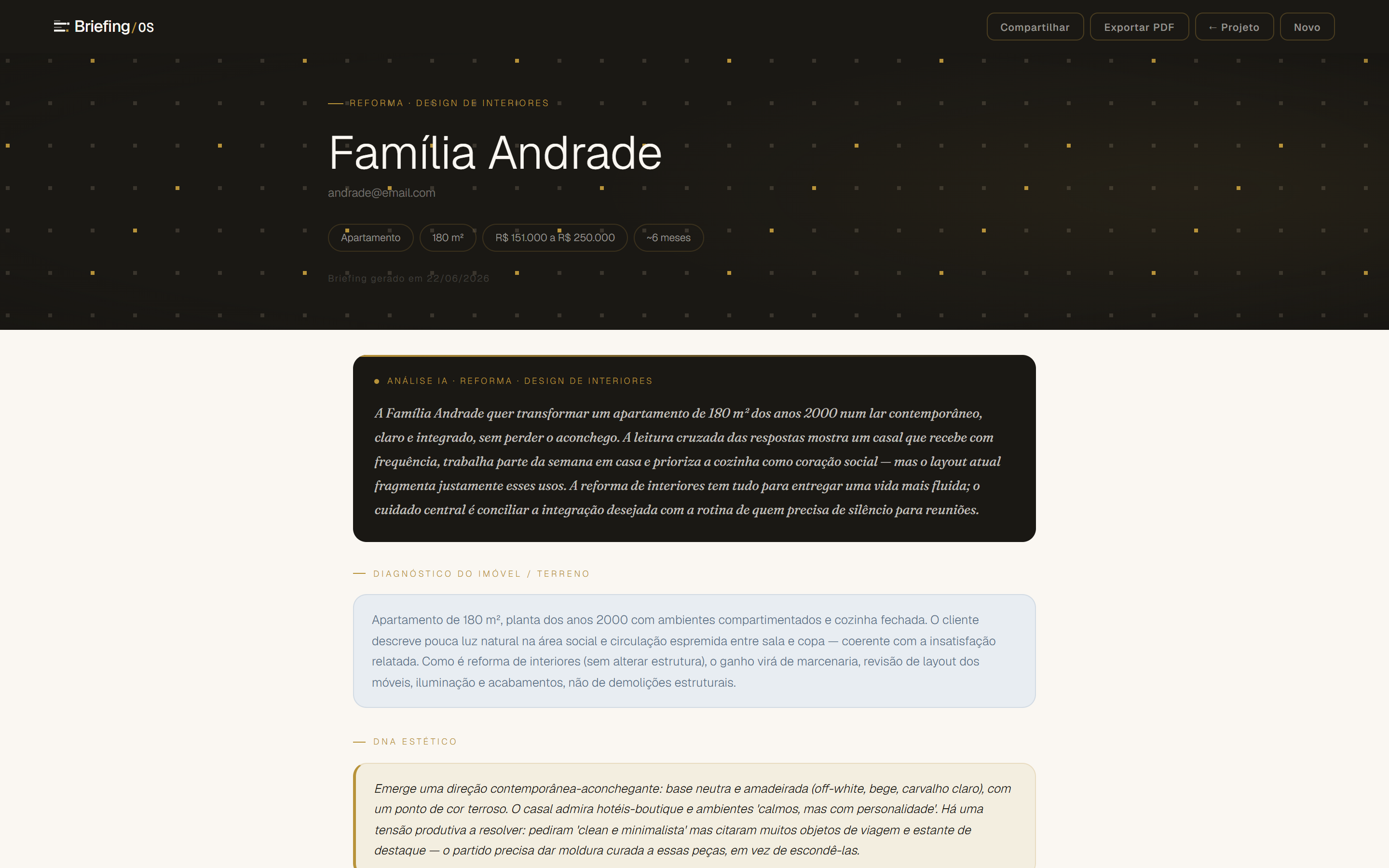 Tela da análise do Brio para um projeto residencial: resumo executivo, diagnóstico do imóvel, DNA estético, pontos críticos, condicionantes técnicas e encaminhamentos